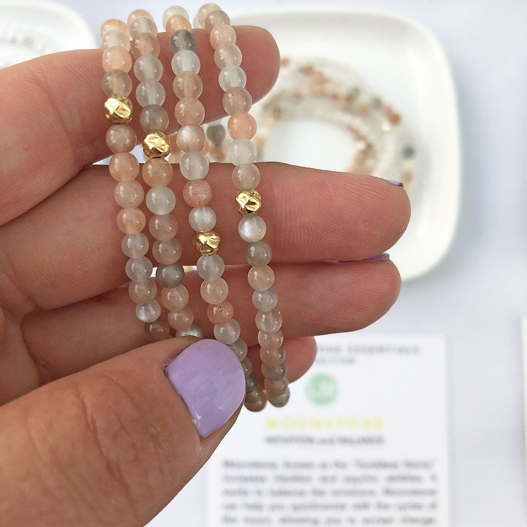 Small Evil Eye Sunburst on Multi Australian Moonstone Bracelet - Kiki