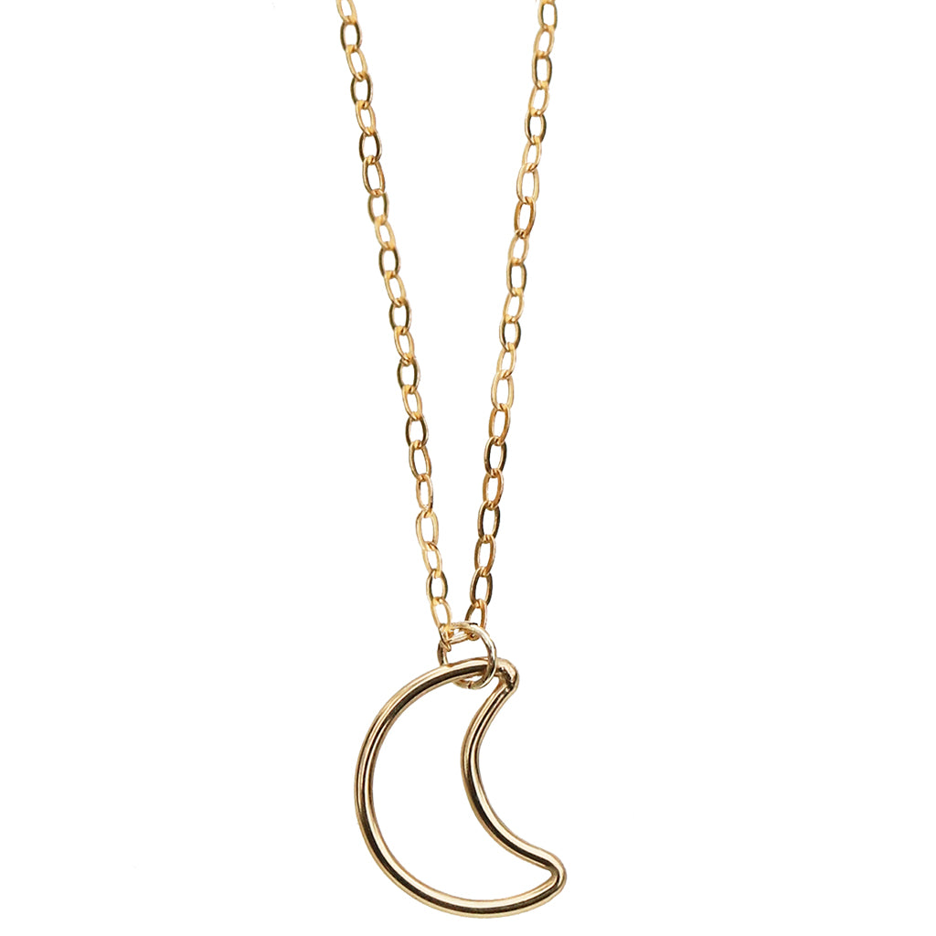 gold crescent moon pendant dangling from gold oval cable chain on white background
