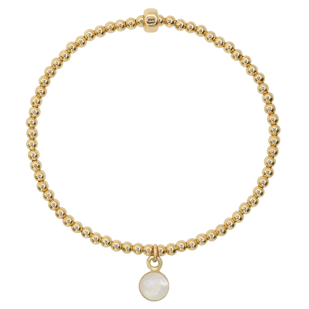 Gold filled 2.5mm beaded stretch bracelet with 6mm moonstone charm encased in gold over sterling silver